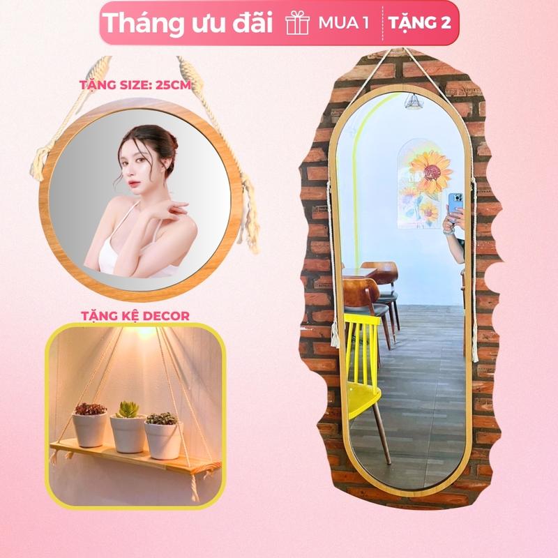 Gương Toàn Thân treo tường kích thước 35x115cm – Viền Gỗ màu Tự Nhiên Tặng gương tròn 25cm và kệ decor 1 tầng | Mẫu Mới 2026 – Gương Hoàng Kim