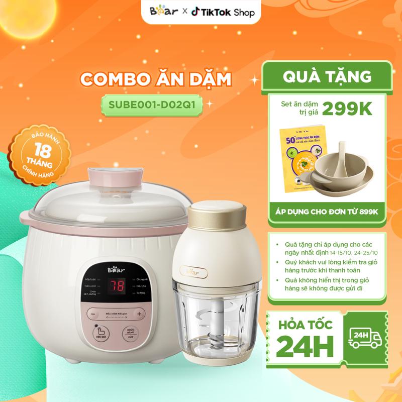 [Tặng Cẩm nang ăn dặm] Combo Nồi Nấu Chậm BEAR Nồi Nấu Cháo Cho Bé Nồi Chưng Yến 0,8L SUBE001 và Máy Xay Ăn Dặm Cầm Tay D02Q1 Mini 6 Lưỡi Dao Sắc Bén Chính Hãng