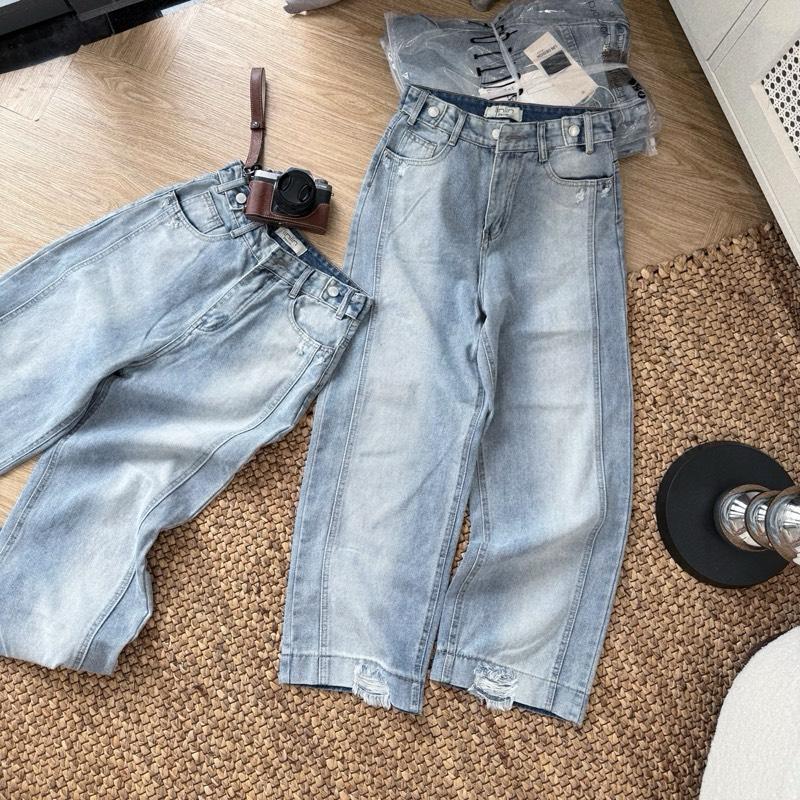 [Q688] Quần jean suông nữ lưng cao nối thân 4 nút phối rách lai tôn dáng cho nấm lùn 95cm