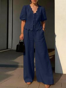 Traje casual para mujer ZANZEA: camisa con cuello en V de manga corta con cordones + pantalón de cintura alta elástico, corte holgado, diseño liso, ideal para uso diario