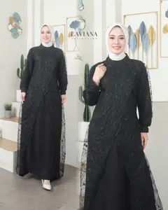 Laviana Collection - Baju Dress Gamis cantik idul fitri 2026 Wanita Kekinian Moana Dress Gamis Crincle Kombinasi Tille Bordir Premium Wudhu Frendly