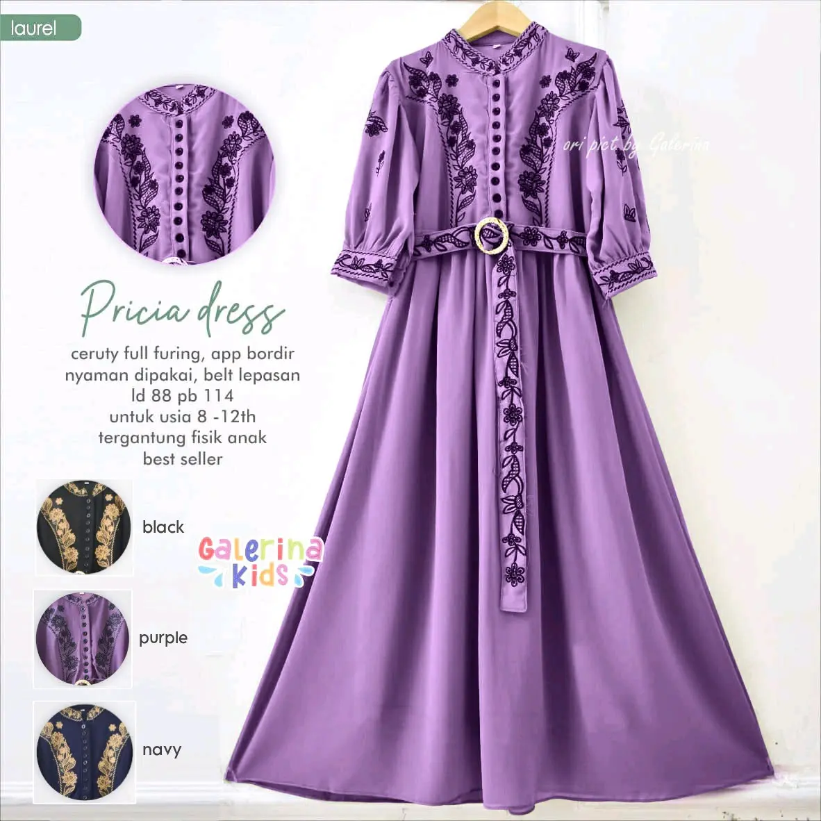 Pricia dress anak bahan ceruty full furing nyaman dipakai app bordir belt bisa dilepas Fashion