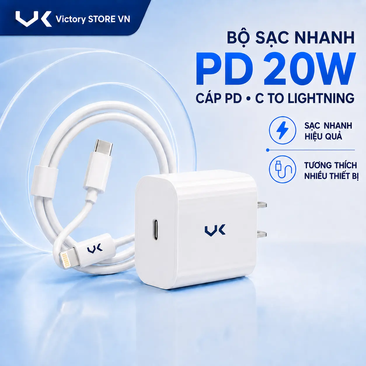 VK Bộ Sạc Nhanh 20W Dành Cho Iphone 6-14PRM Dây Cáp Tự Động Ngắt Khi Sạc Đầy Bền Cao Tốc Độ Nhanh 60% trong 30 phút Bảo Vệ Pin An Toàn Cho Điện Thoại (Bảo Hành Chính Hãng 1 Năm)