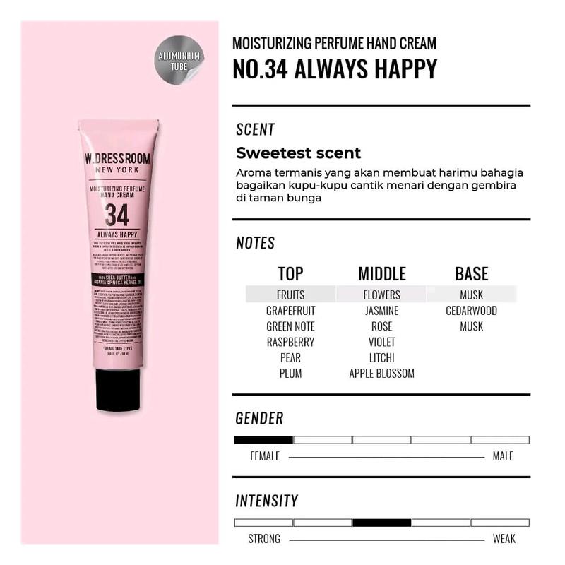 WDressroom Hand Cream No.34 Always Happy Parfum Lotion 50 ml untuk Menjaga Kulit Tangan yang Kering Berminyak Tetap Halus Lembut dan Harum  Bunga Mencerahkan Aging 3