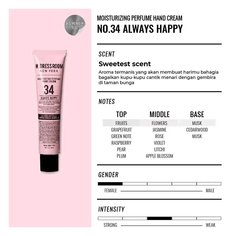 WDressroom Hand Cream No.34 Always Happy Parfum Lotion 50 ml untuk Menjaga Kulit Tangan yang Kering Berminyak Tetap Halus Lembut dan Harum  Bunga Mencerahkan Aging 2