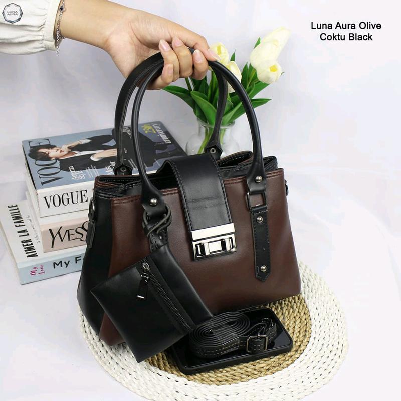 Tas Selempang Jinjing Wanita Olive 3 Ruang Polos Free Dompet Koin Luna Aura 3