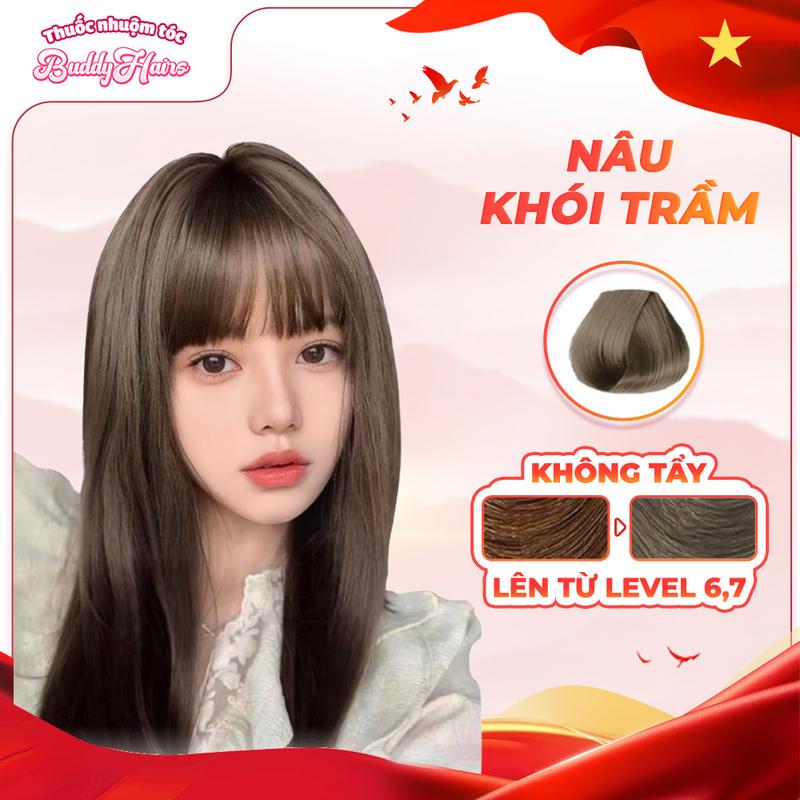 Thuốc nhuộm tóc Nâu khói trầm không cần dùng Tẩy Tóc Buddyhairs tặng kèm găng tay mũ trùm trợ nhuộm tiện ích