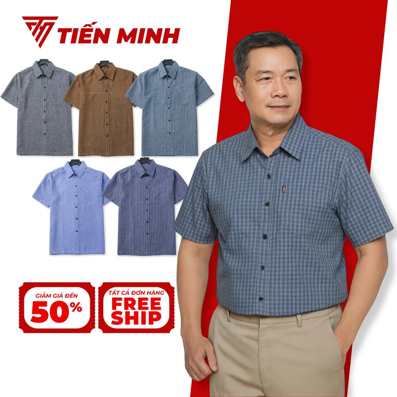 (Mã 02) Áo Sơ Mi Trung Niên Nam Ngắn Tay Dáng Suông Vạt Ngang TM Fashion Họa Tiết Kẻ Caro Nhỏ Vải Kate Cao Cấp Menswear TM2 Xám