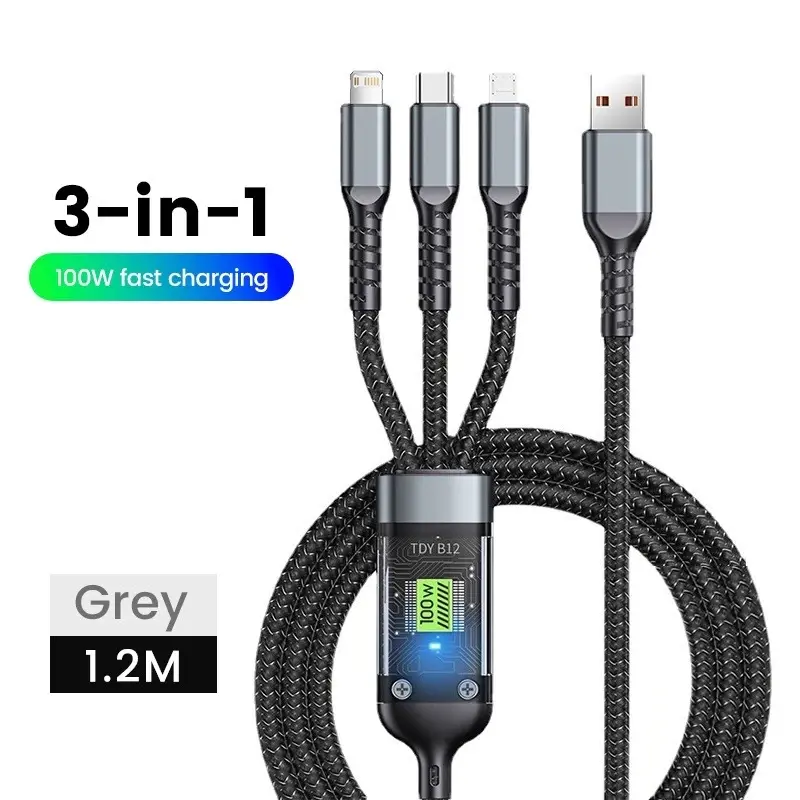 Kabel Data 3 IN 1 100W Fast Charging Cable Lightning Type C USB Micro For iPhone 15 Samsung Xiaomi OPPO VIVO Pilot Lamp Digital Screen Charger 6