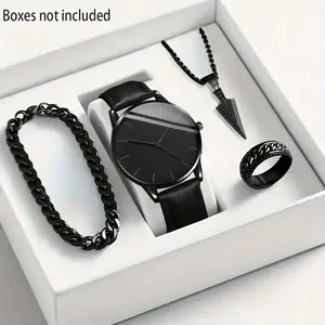 Jam Tangan Pria Quartz Dengan Jarum Jam Dial Dan Tali Kulit - Set Perhiasan Mode(Tanpa Kotak)