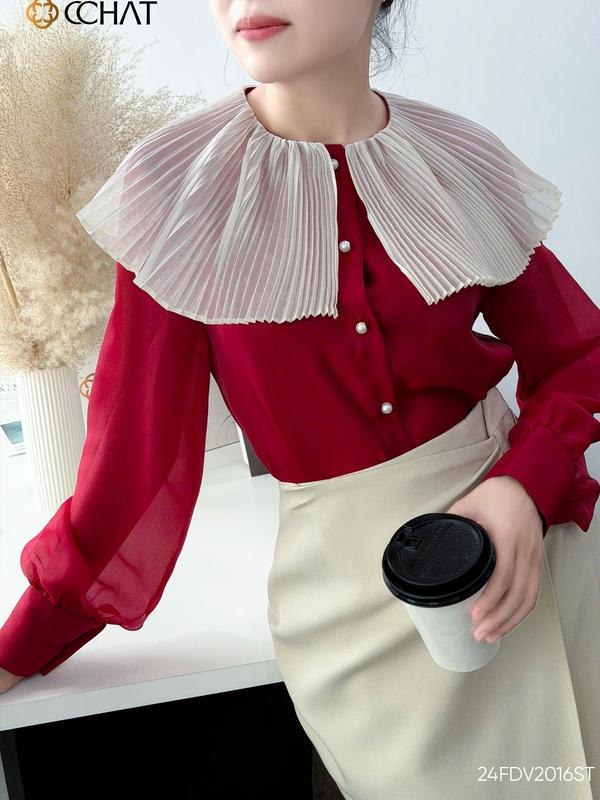 Áo Sơ Mi Nữ CCHAT Dáng Suông Cổ Nơ Tay Bèo Chất Voan 24FDV2016ST