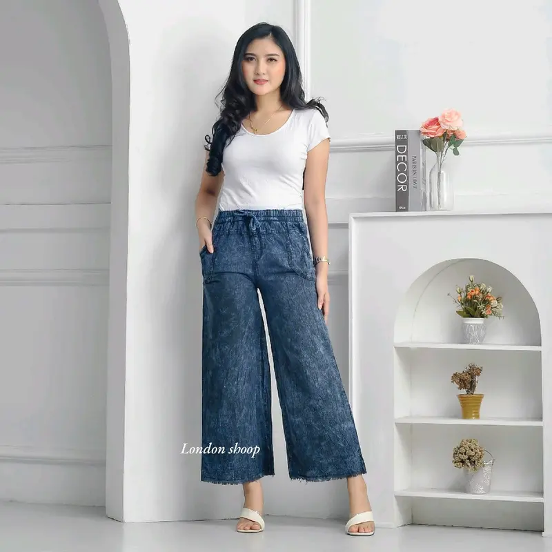 CELANA KULOT WANITA CARGO DEWASA SETANDAR BAHAN SEMI JEANS BB 40-55KG PANJANG 90CM PINGGANG FULL KARET 7