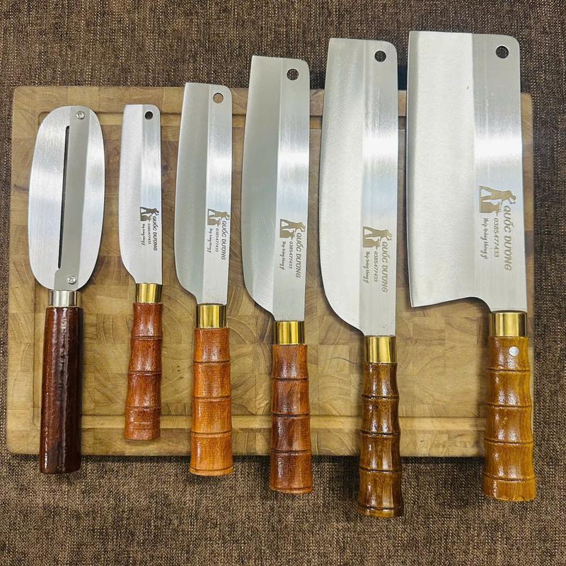 Bộ 6 dao thép trắng Nhật không han gỉ cán gỗ muồng tây bắc tiện vân trúc, độ cứng cao độ giữ cạnh tốt.