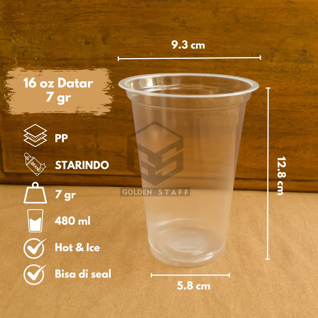 (50 pcs) Gelas Plastik Cup Datar | PP 16 oz 7 g | Merk Starindo | Hot & Ice | Bisa di Seal