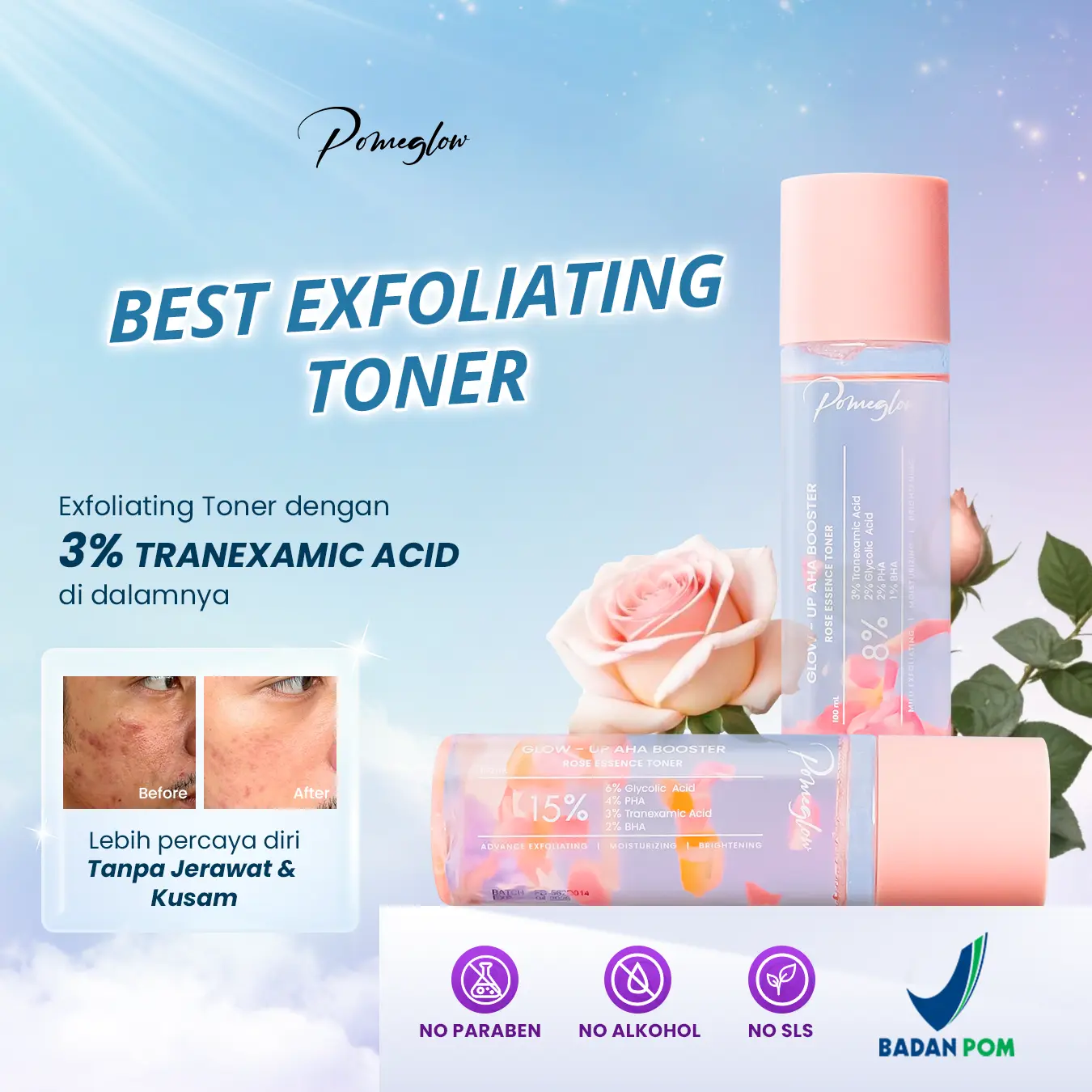 Glow Up AHA Booster Rose Essence Toner Pomeglow Face & Body Exfoliator