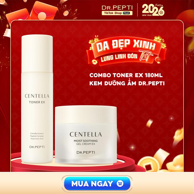DR.PEPTI Combo Dưỡng Da Gọn Lẹ - Nước Hoa Hồng Toner EX 180ml & Kem Dưỡng Ẩm Centella EX 70ml Hàn Quốc Cấp Ẩm Sâu Phục Hồi Da