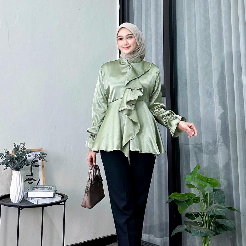 MARSYA TOP BAJU ATASAN WANITA BAHAN SHIMMER MODEL TRENDY DENGAN KARET TANGAN DAN RISLETING DADA 4