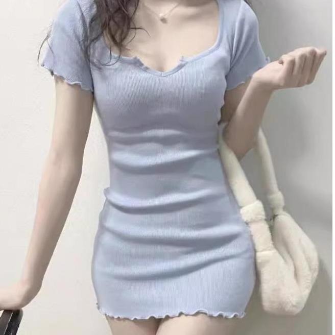 Váy Cơ Sở Nữ, Cổ Chữ U Gợi Cảm, Mỏng Vừa Vặn, Màu Trơn ngắn Tay, Váy Bodycon