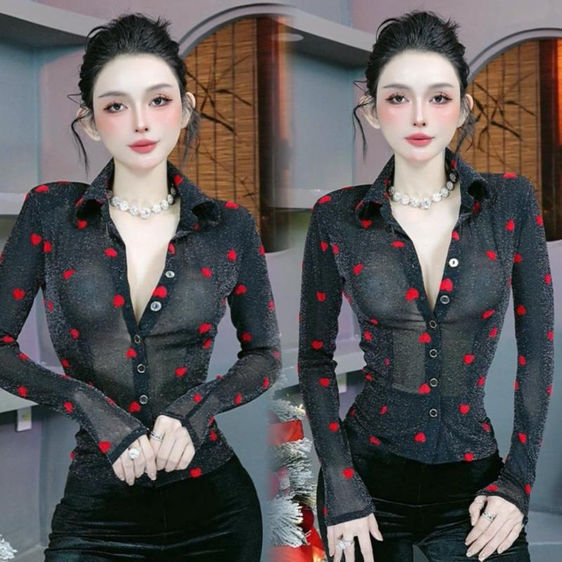 BÍCH HẠNH STORE _A580 Áo Sơ Mi Tay Dài Thun Lưới Nhũ Phun Mỏng Ôm Dáng Thiết Kế Sang Trọng Phù Hợp Mọi Trang Phục