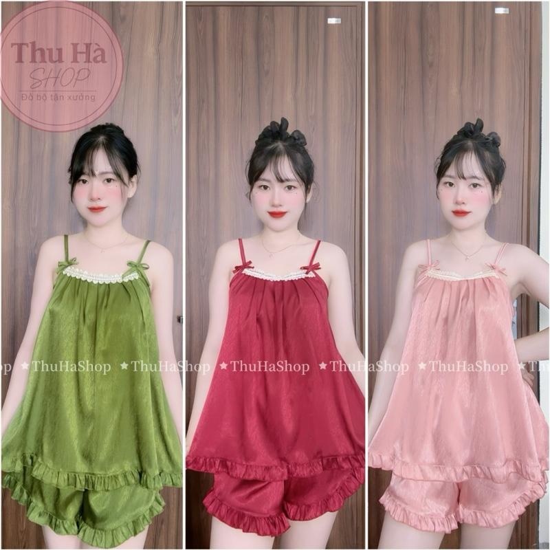(Bigsize 40-75kg)Đồ Bộ Đùi Lụa Xước Ánh Kim Hai Dây Có Phối Viền Bèo Đẹp,Ren Kem Xinh