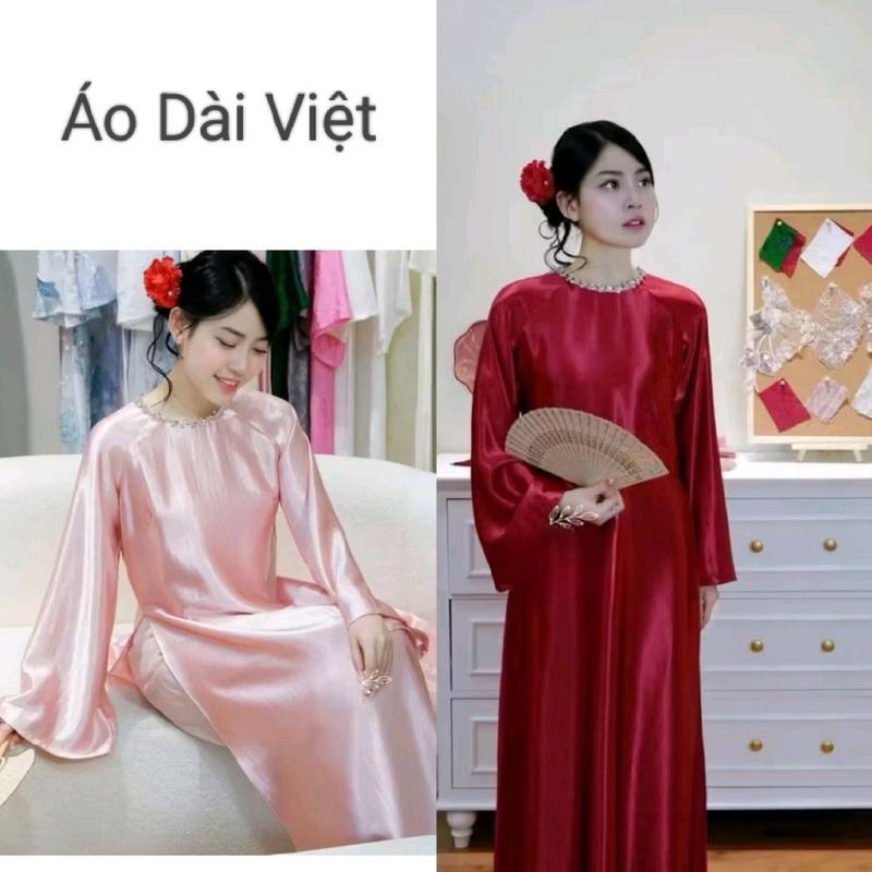 Áo Dài Cách Tân Mộng Giao Dáng Suông Cổ Tròn Lụa Tráng Gương Mịn Cổ Đính Đá Cao Cấp,Tay Dài Loe Rộng Sáng Trọng_ Áo Dài Việt Nữ Dress