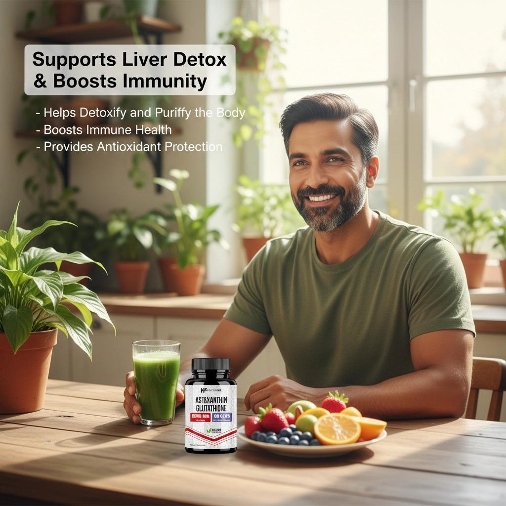 Astaxanthin glutathione Spesial Ramadan Menangkap radikal bebas, melindungi hati, dan meningkatkan elastisitas kulit.