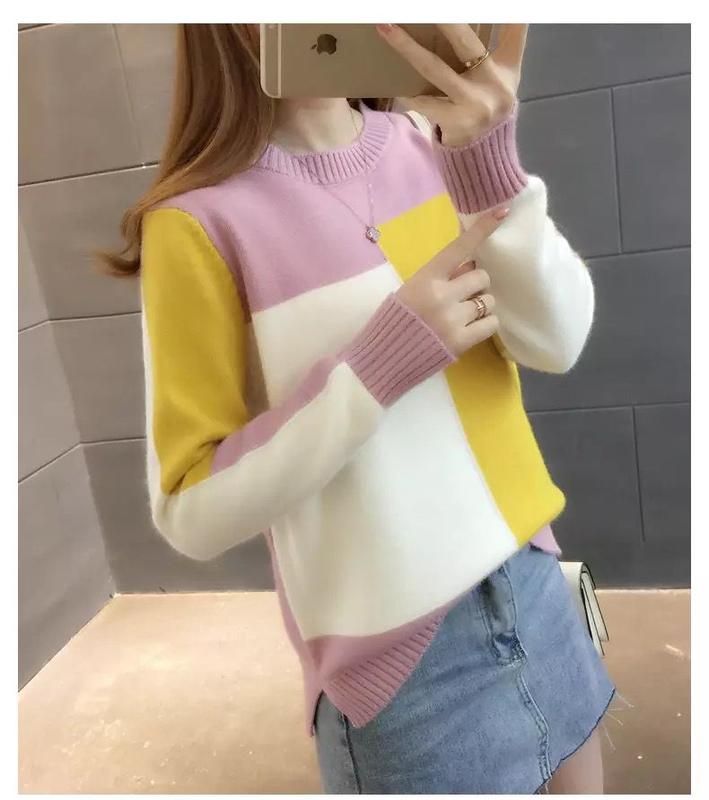 Product Introduction of ZANA Autumn and Winter Women's New Pullover Sweater Loose Korean Color Block Long Sleeve Knitted Bottom Top 8