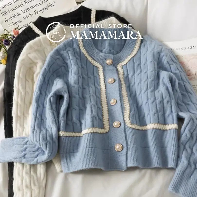MAMAMARA - Cardigan Wol Rajut Ruffle Rompi Mutiara Kardigan Outer Sweater Atasan Tebal Knitwear Panjang Baju Wanita