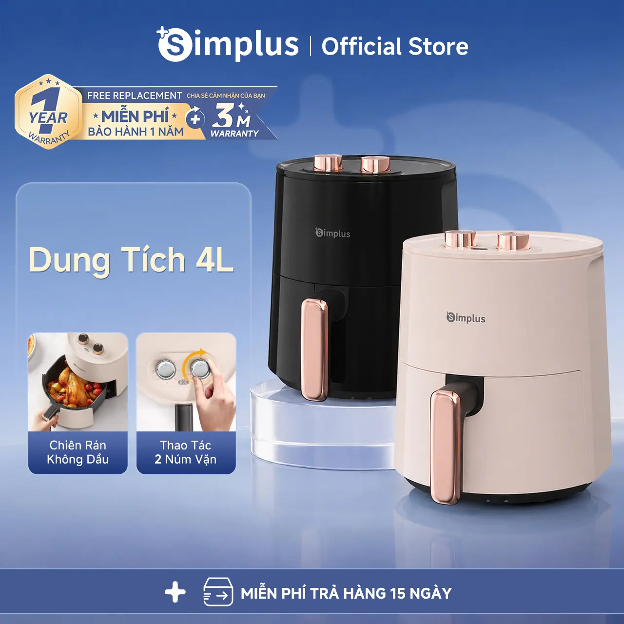SimplusVN Nồi Chiên Không Dầu Simplus Dung Tích 4L KQZG007,  Bảo Hành 1 Năm Chỉ Đổi Không Sửa