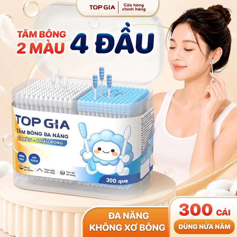 [300 CÁI - DÙNG CẢ NĂM] Hộp Tăm Bông Ngoáy Tai 300 Que 4 Đầu Tăm Chuyên Dụng, Đa Năng Siêu Tiết Kiệm, Bông Mềm Mịn Thấm Hút Tốt, Không Xơ Bông, Không Tách Lớp Vệ Sinh Tai Mũi, Makeup Và Chăm Sóc Cá NhâN, ĐẠT QUY CHUẨN CỦA BỘ CÔNG THƯƠNG VTGBNT