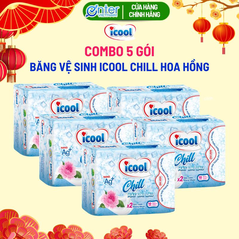 Combo 5 gói Băng Vệ Sinh ICOOL CHILL Hoa Hồng 10 Miếng SIÊU MỎNG - BVS Ban Ngày Có Cánh Mặt Vải Nhung Mềm Mại Hương Bạc Hà Mát Lạnh kháng khuẩn khử mùi hương thơm dịu nhẹ Nữ Tampon Women