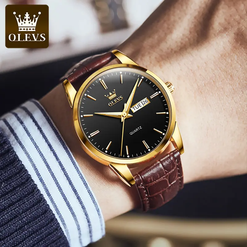OLEVS Jam Tangan Pria Fashion Tali Kulit Original Anti Air Jam Tangan Cowok Simple Fashion Kuarsa Penunjuk Kalender Bercahaya Tahan Air Analog Men Watch Hitam Putih Biru Cod 3