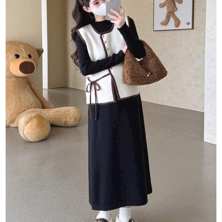 Set Đầm bà Bầu Cao Cấp Váy Len Bên Trong Phối Áo Khoác gile Dạ Bên Ngoài 2 màu be xám