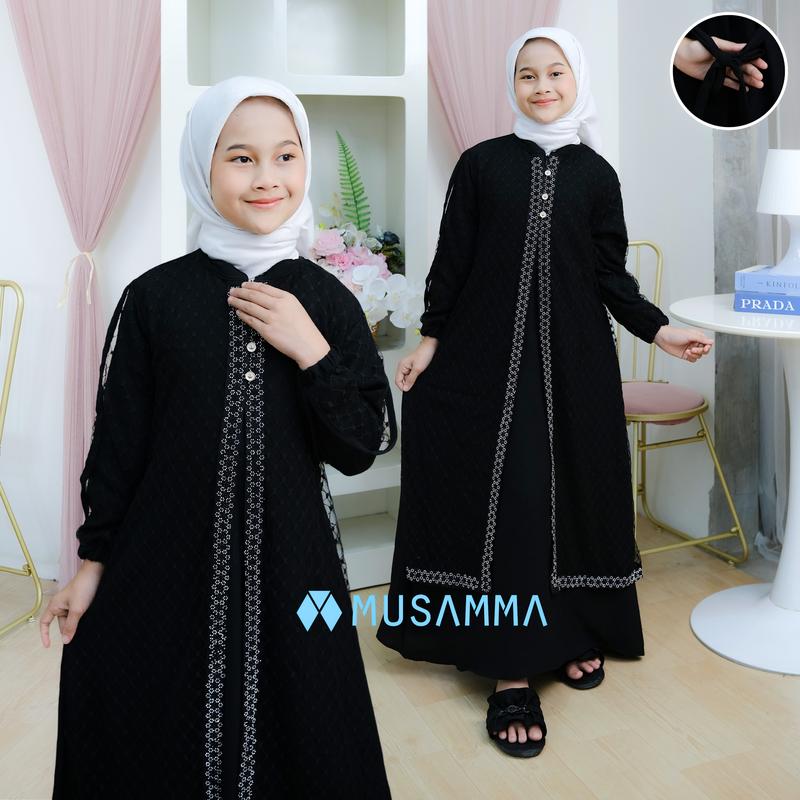 DRESS ANAK RAISA  - Gamis Crinkel Premium Mix Brokat Tile Malika Kancing aktif dan Wudhu Friendly dress anak tanggung 7