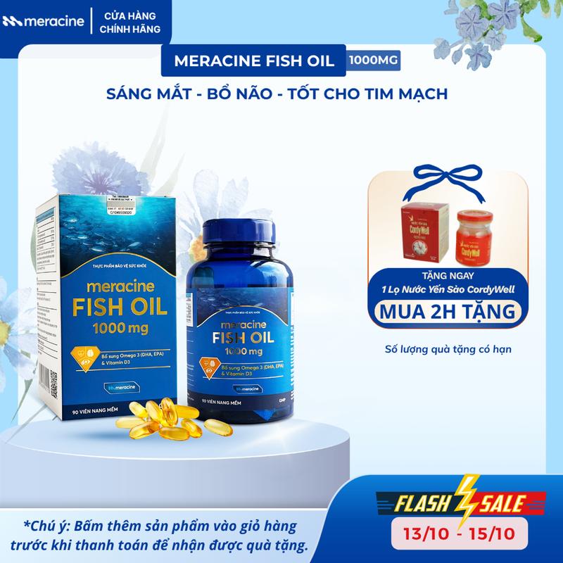 Dầu cá Omega 3 Meracine Fish Oil lọ 90 viên tăng cường thị lực và sáng mắt, bổ sung DHA, EPA và vitamin D3