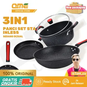 [GRATIS EXCLUSIVE Toni_cu] QME- 3in1 Panci Set Marble Stainless Antilengket Peralatan Dapur Kitchenware