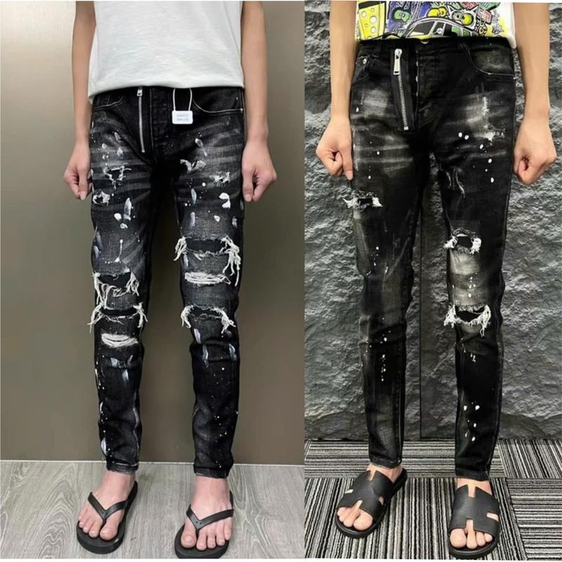 Quần jean nam đen xám mix khóa bản 4 cúc rách lót tang mác vẩy sơn mẫu mới cao cấp-TRÚC ANH SHOP