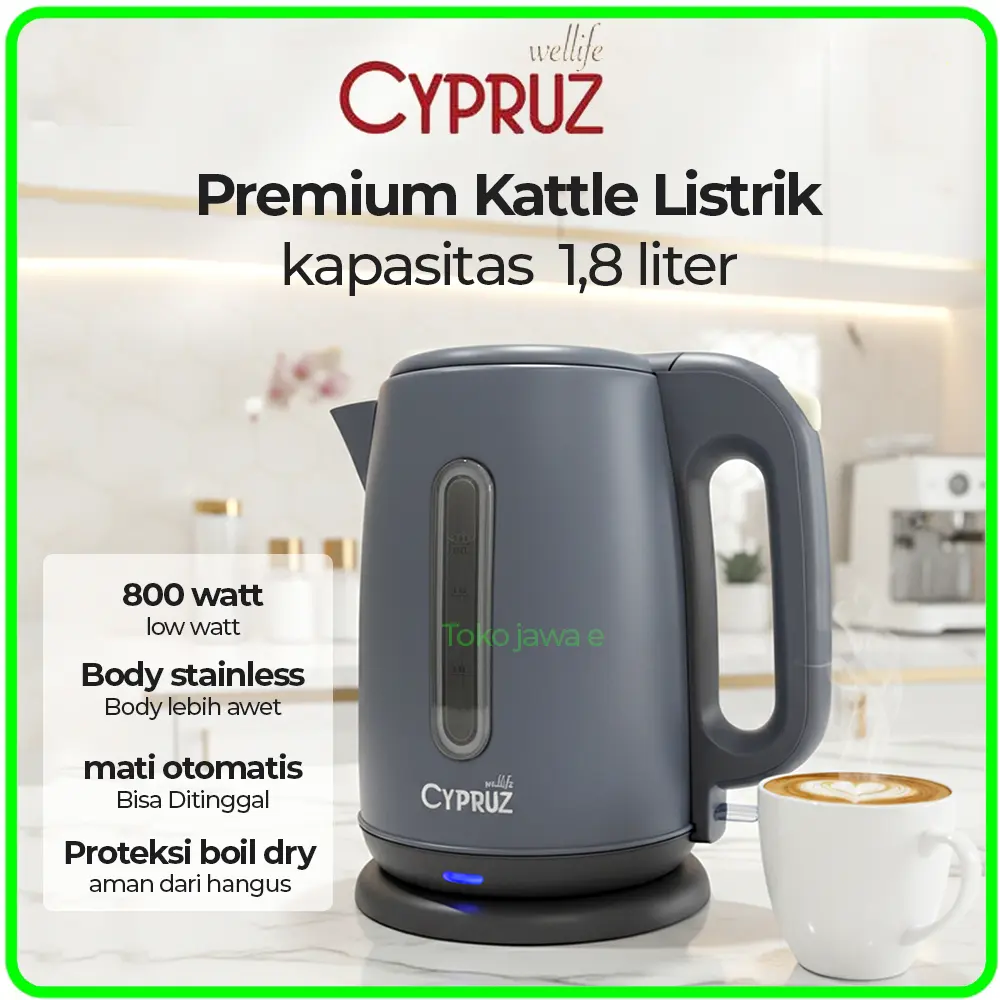 CYPRUZ TEKO LISTRIK KAPASITAS 1,8 LITER BODY STAINLESS STELL GARANSI RESMI 1 TAHUN