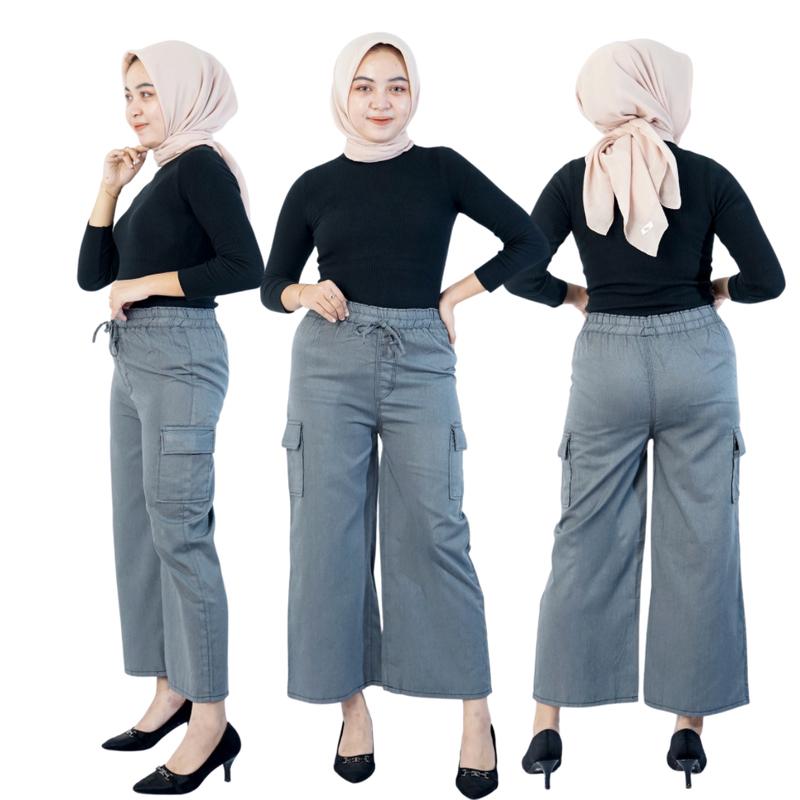 Product Introduction of Celana Kulot Cargo Jeans // Celana Cargo wanita Jeans Panjang Harga Grosiran Hitam Karet Loose Cewek 1