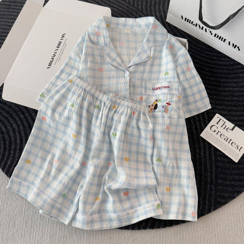 Pijama Nữ Hè Sọc Xanh Trắng In Tim & Chó Dachshund, Đồ Ngủ Mềm Mại Thoáng Mát