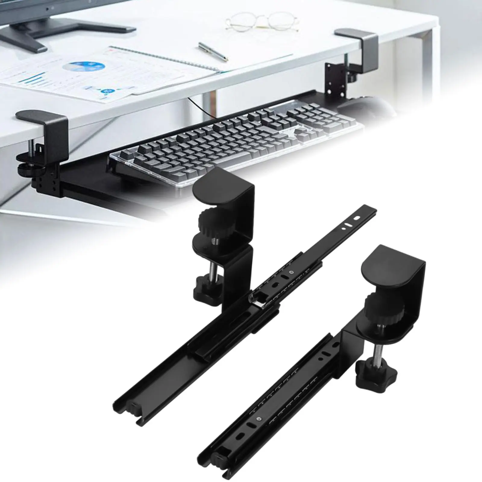 Computer Keyboard Tray C Clamp Keyboard Drawer Tray for Office Typing Work Desk Slide Out Easy Mounting Desk Extender Tray for Typing Office Home