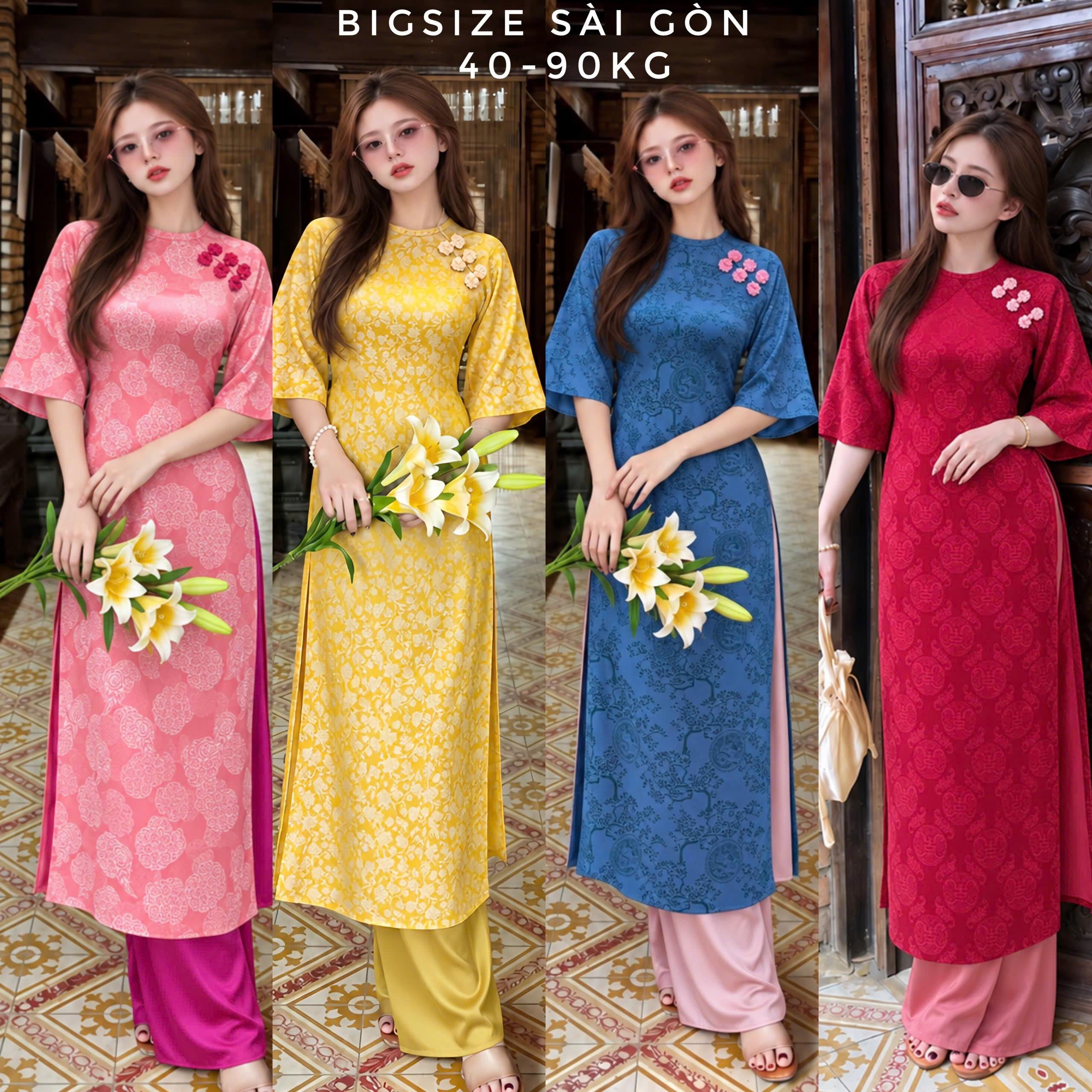 Bộ Áo Dài Gấm 2 Da Bigsize Nữ Phối Quần Latin, Áo Dài Hoa Cách Tân Che Bụng Tôn Dáng 40–90kg - C.1913