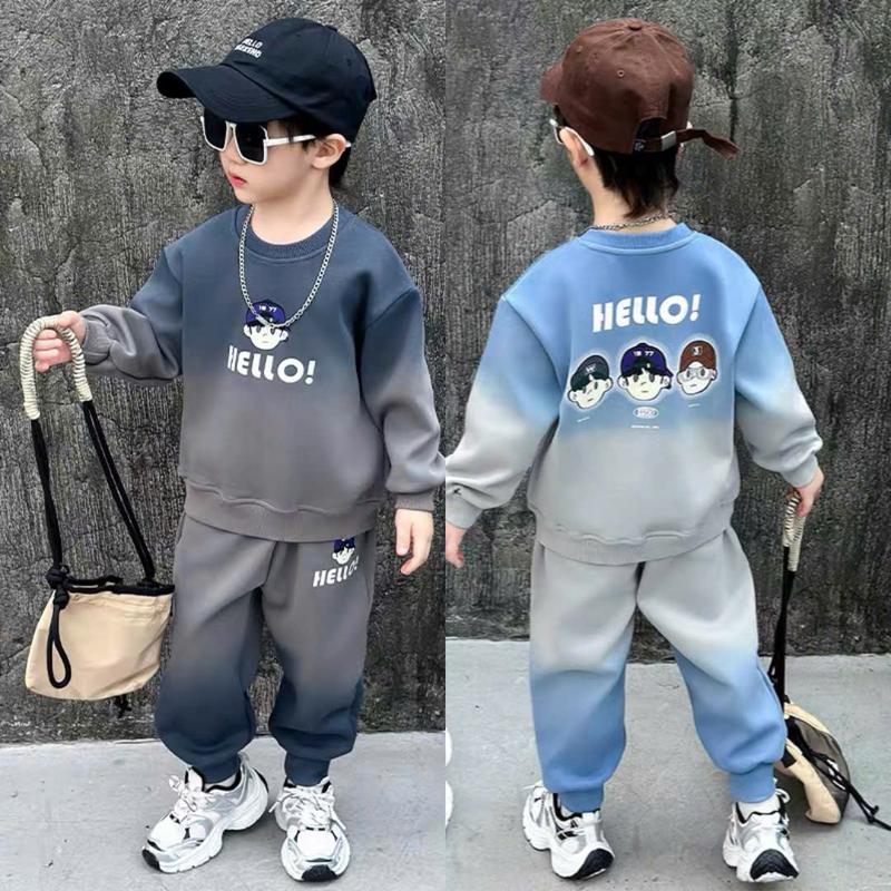 Quần áo bé trai Bộ thu đông dài tay mẫu in 3D HELLO năm 2025 cho bé trai 18-45kg từ tuổi 4-15 tuổi phong cách thời trang sành điệu chất nỉ da cá mềm mịn đường may kĩ KHÔNG TĂNG SIZE