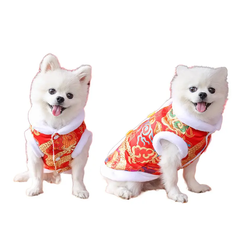 Quần áo năm mới cho chó bông nhỏ, vừa và lớn, áo khoác đệm hoa chiến đấu của Pháp, quần áo thú cưng