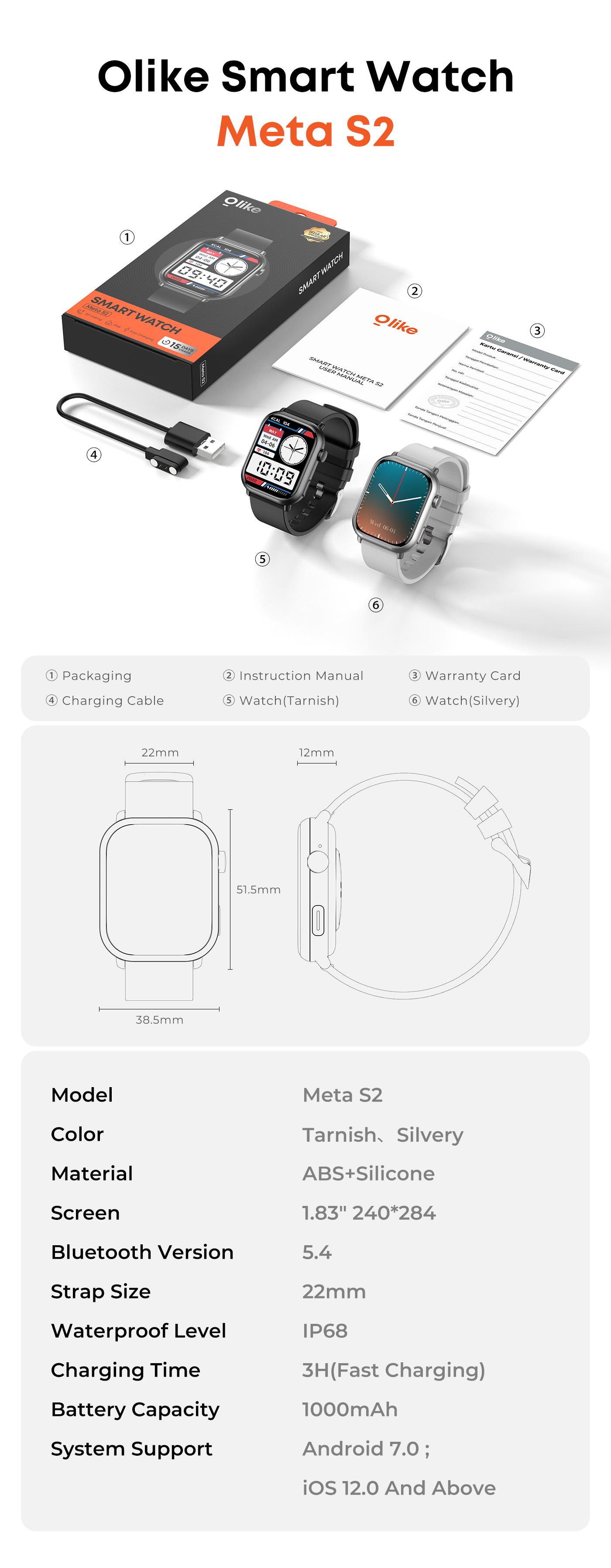 [EXCLUSIVE VANDA RAINY]Olike Smartwatch Meta S2 |1.83" HD Screen | Fast Charging | Strava Sync | IP68 Tahan Air  | Health & Sport Monitoring | Tarnish Silver | Garansi 1 Tahun