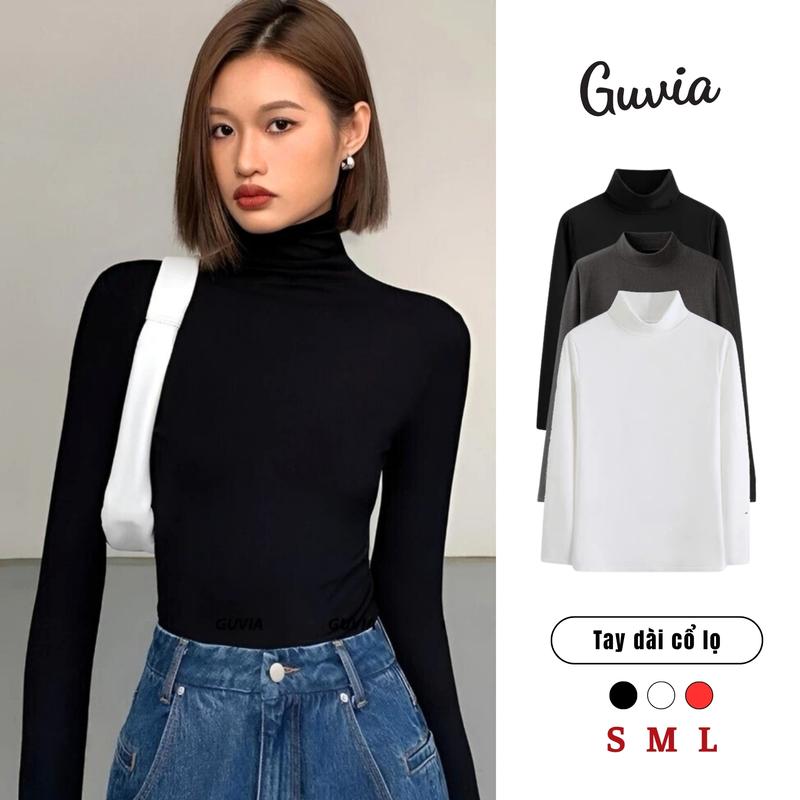   ADD06  Áo Thun Nữ Dài Tay Cổ Lọ Dáng Dài Chất Thun Gân Áo Giữ Nhiệt Nữ Tay Dài Cổ Cao Len Tăm 