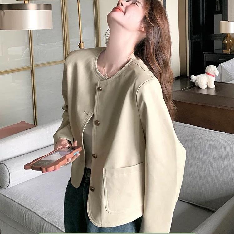 Lan Anh QC Áo da Trắng ngọc cổ tròn lót lụa có khuy tròn chất mềm phối cổ Top