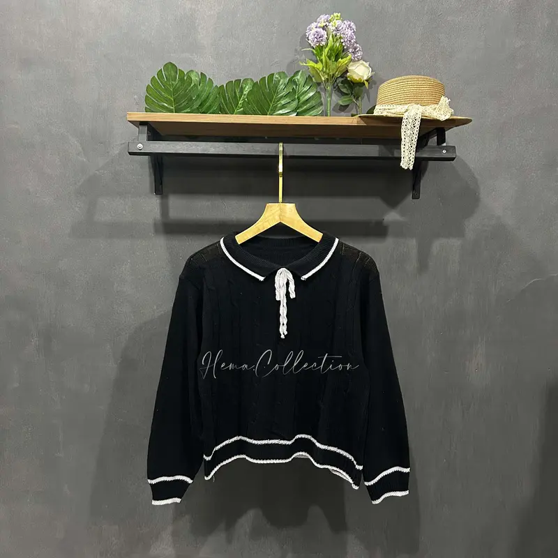 VERONIKA CABLE sweater rajut tali pita baju atasan wanita blouse korean style Knitwear Panjang Crop Top Casual Outer Cardigan Cewek Kardigan Oversize Hitam 1