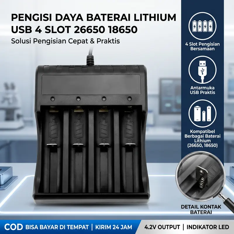 Pengisi Daya Baterai USB 4 Slot Efisien untuk Baterai Li-ion 18650 14500 3.7V Stasiun Pengisian Cerdas dengan Indikator LED