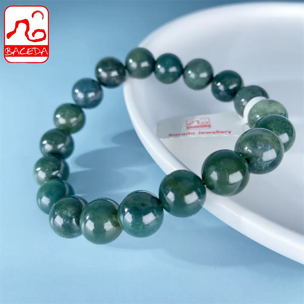Baceda Green Agate Moss Round Beaded Bracelet